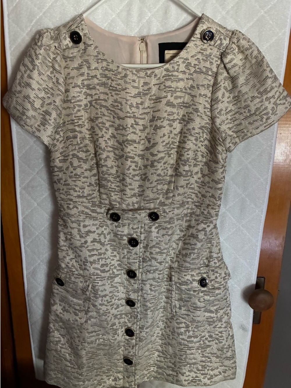 Moulinette Soeurs Metallic Cream Textured Short-Sleeve Button Mini Dress